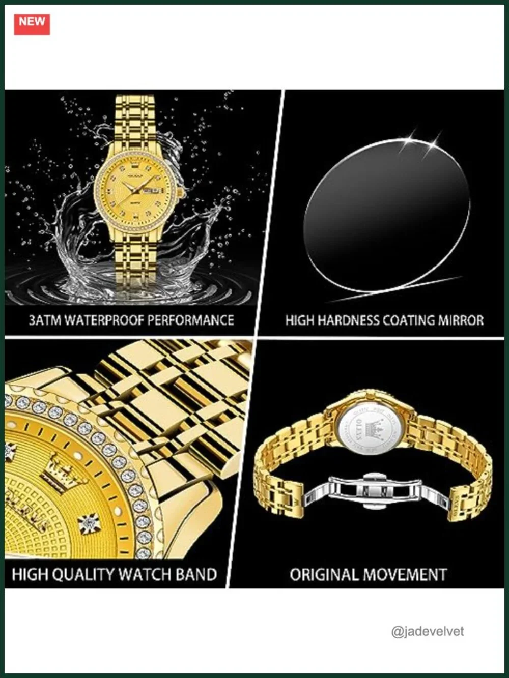Small Gold Stainless Steel Womens Watch Day Date Luminous Diamond Bezel